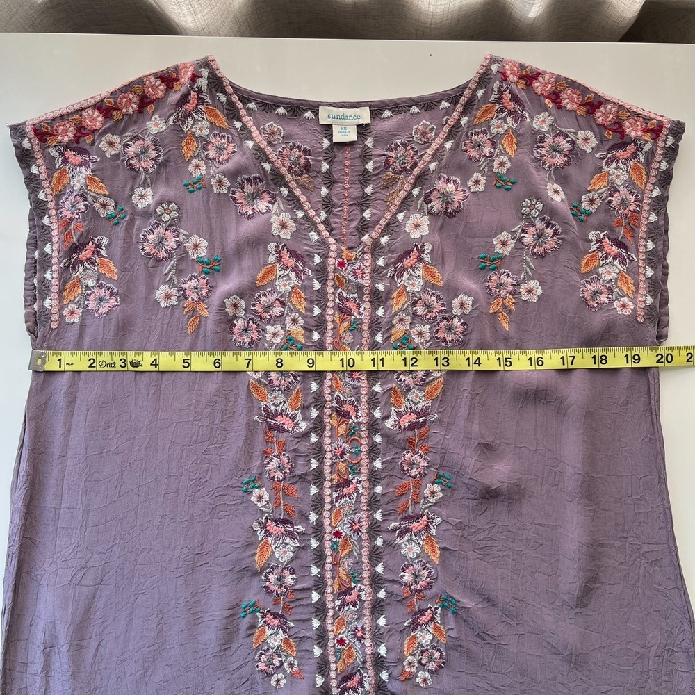 Sundance Ayla Purple Floral Embroidered V Neck Crinkle Shift Dress Womens XS - Picture 11 of 13